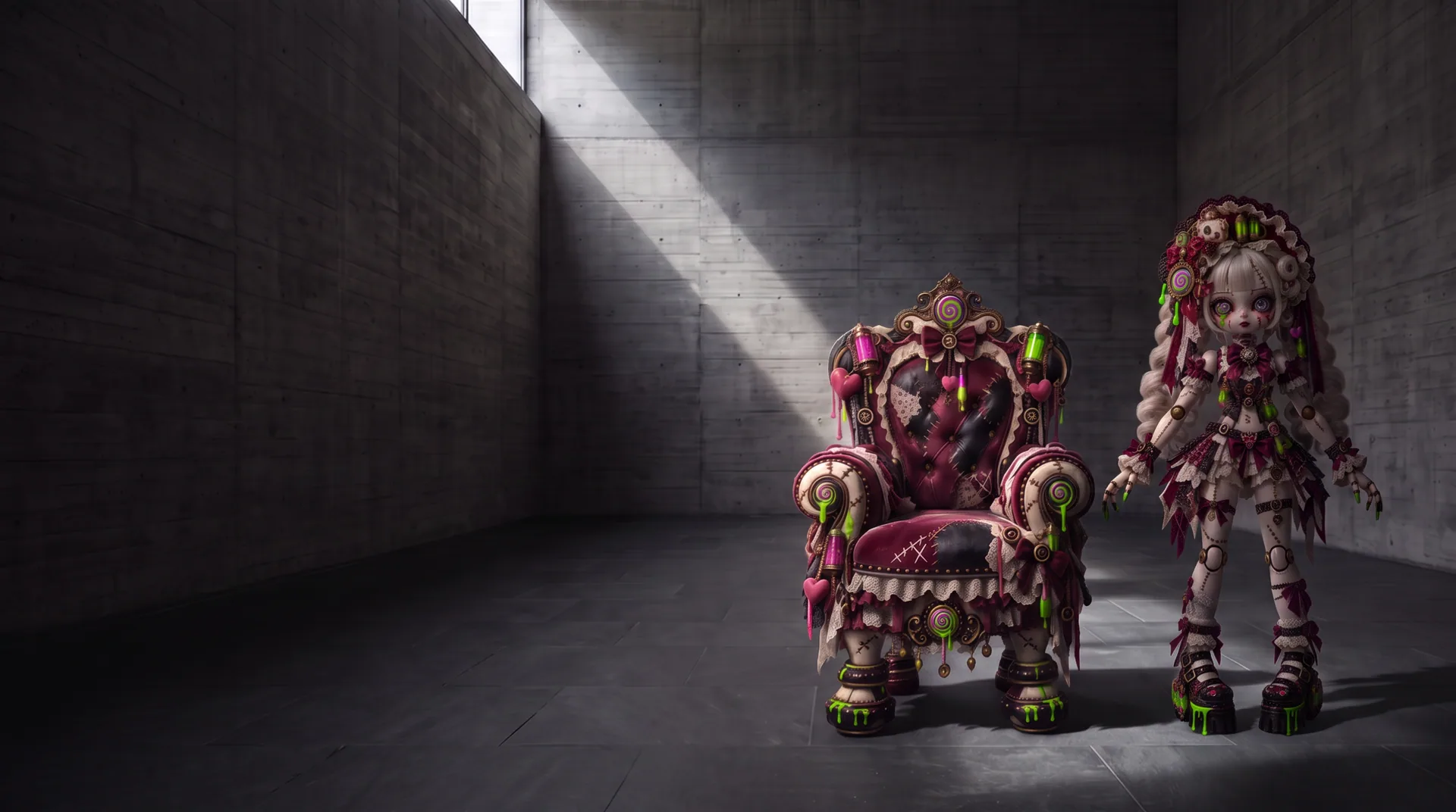 The Candyland throne and the Toxic Candy doll in a dark concrete hall, lit by a shaft of daylight
