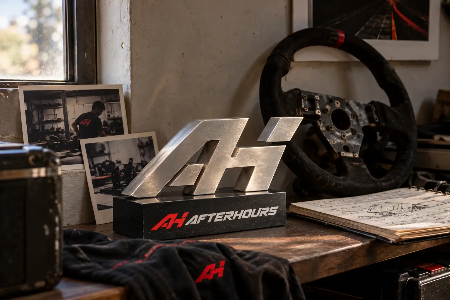 A workbench by a window: a brushed-steel trophy in the shape of the AH monogram on a black stone base, old black-and-white photos of the workshop, a worn suede steering wheel and an open sketchbook of cockpit drawings
