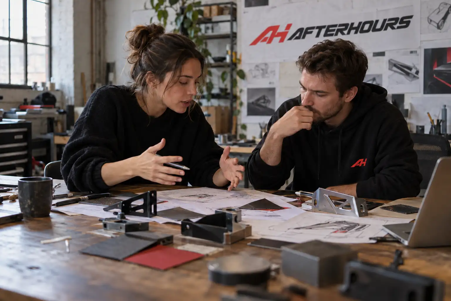 Two of the team at a design table covered in drawings, machined parts and material samples, the AH AFTERHOURS banner on the wall behind them