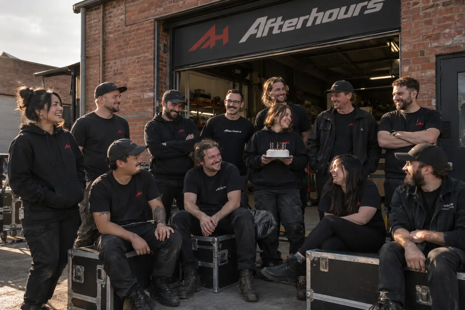 The AFTERHOURS team outside the workshop in late sun, in black AH shirts and hoodies, sitting on flight cases; one of them holds a birthday cake