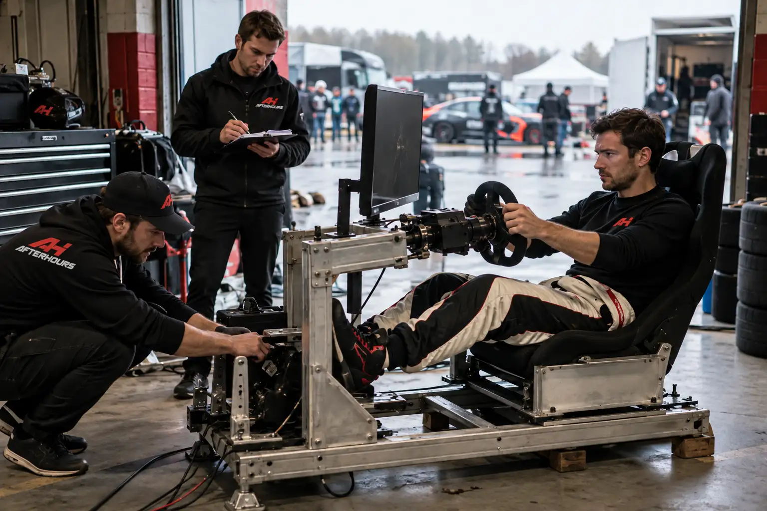 A driver in a race suit at the wheel of a bare aluminium prototype simulator in a paddock garage, one engineer adjusting the pedals and another taking notes; race cars and team trucks outside in the rain