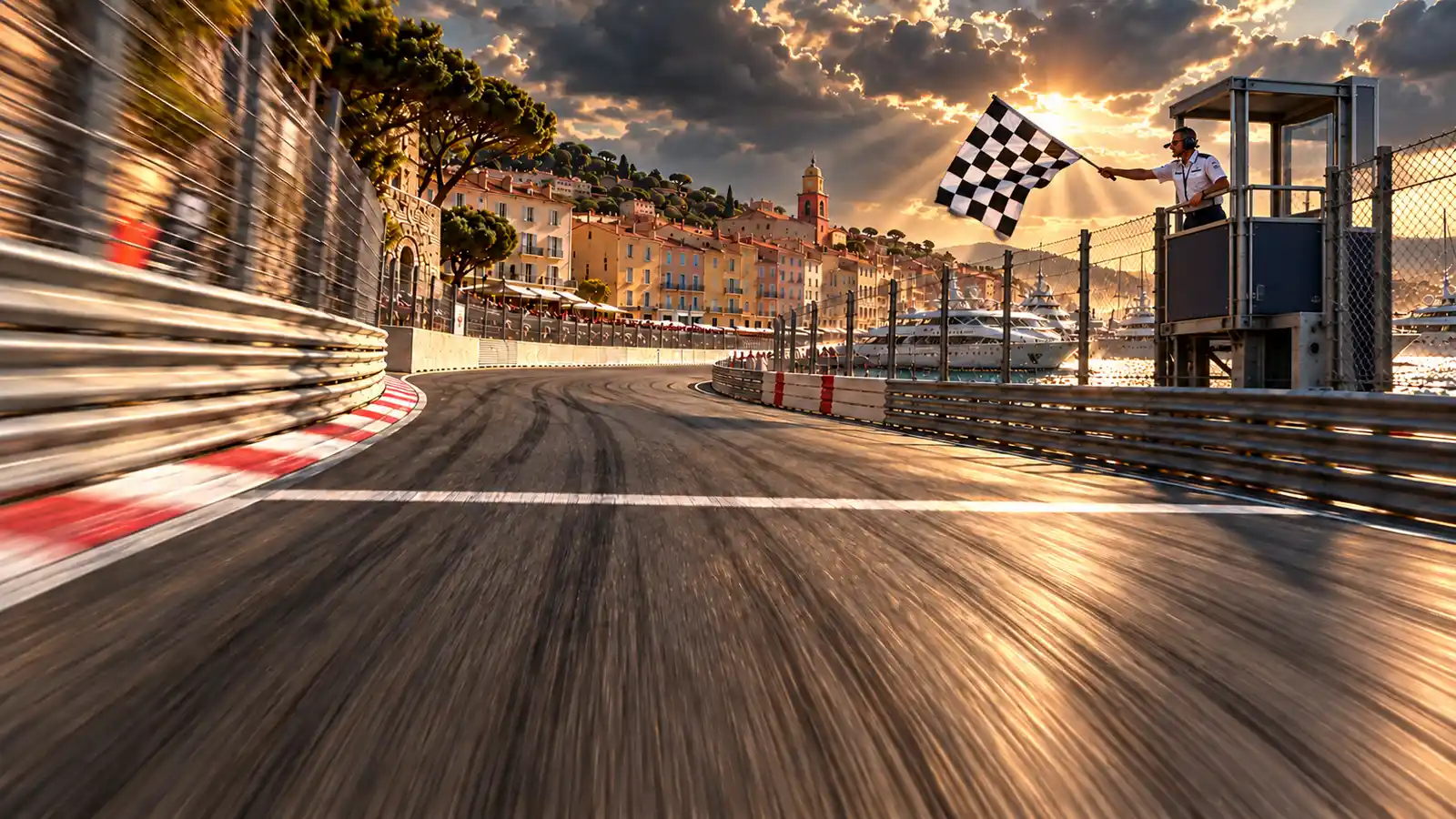 The finish line of a harbour street circuit at sunset, a marshal waving the chequered flag