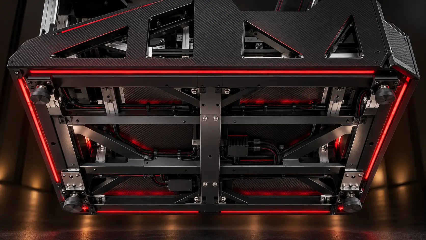The AH-01 chassis from below: a black frame grid, braided cables and red light along its edges