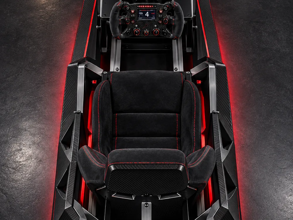 The AH-01 from above: carbon side panels, the seat, the wheel and the pedals