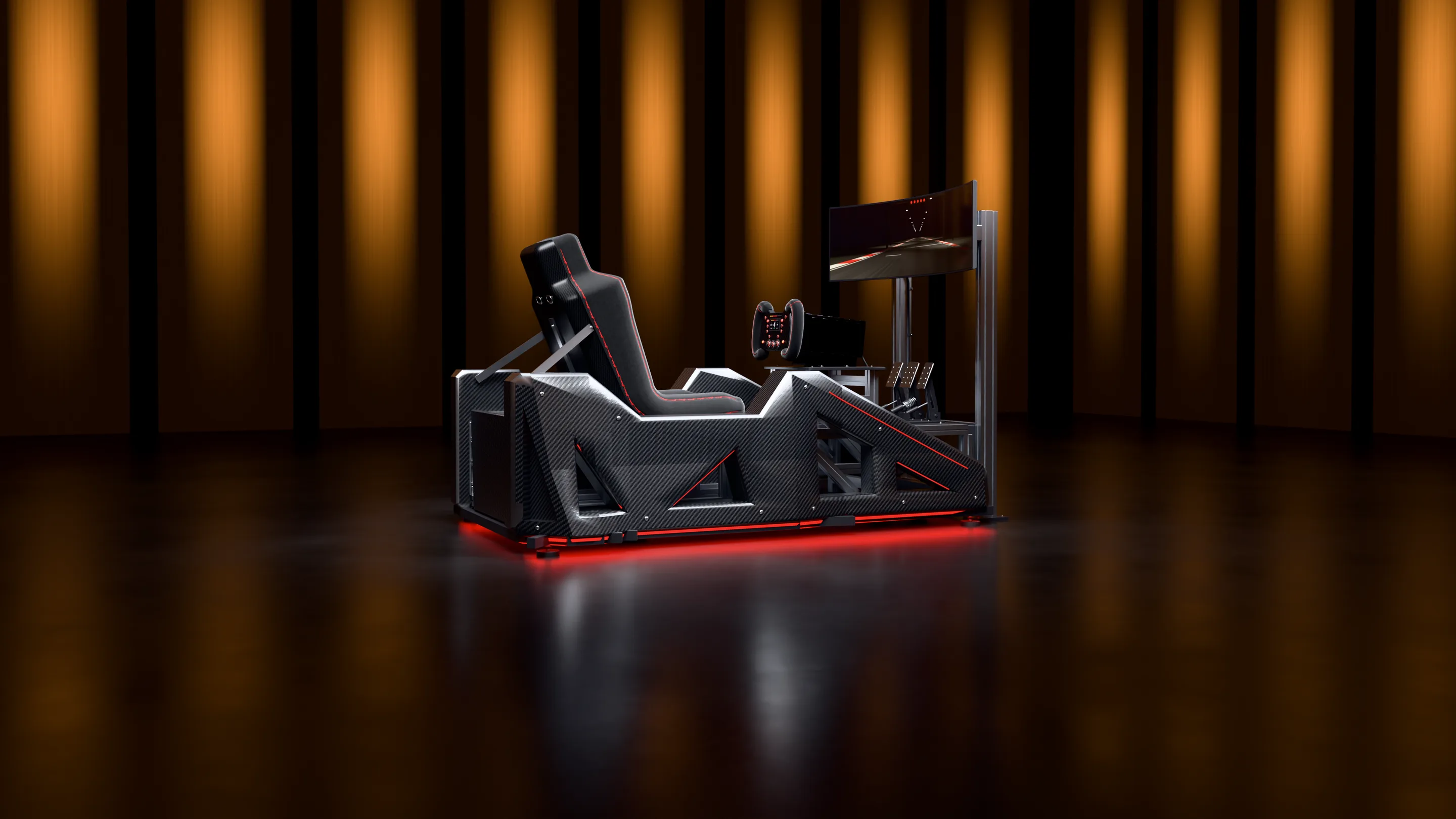 The AFTERHOURS AH-01 racing simulator in a dark room, red light along its carbon chassis