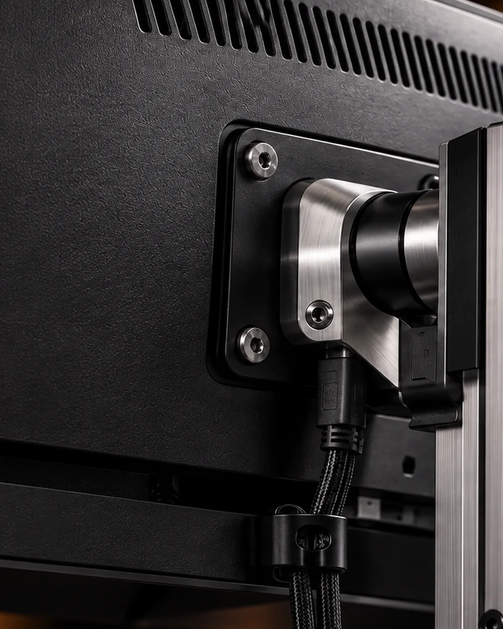 Brushed aluminium monitor mount on a slotted upright, a braided cable clipped beside it