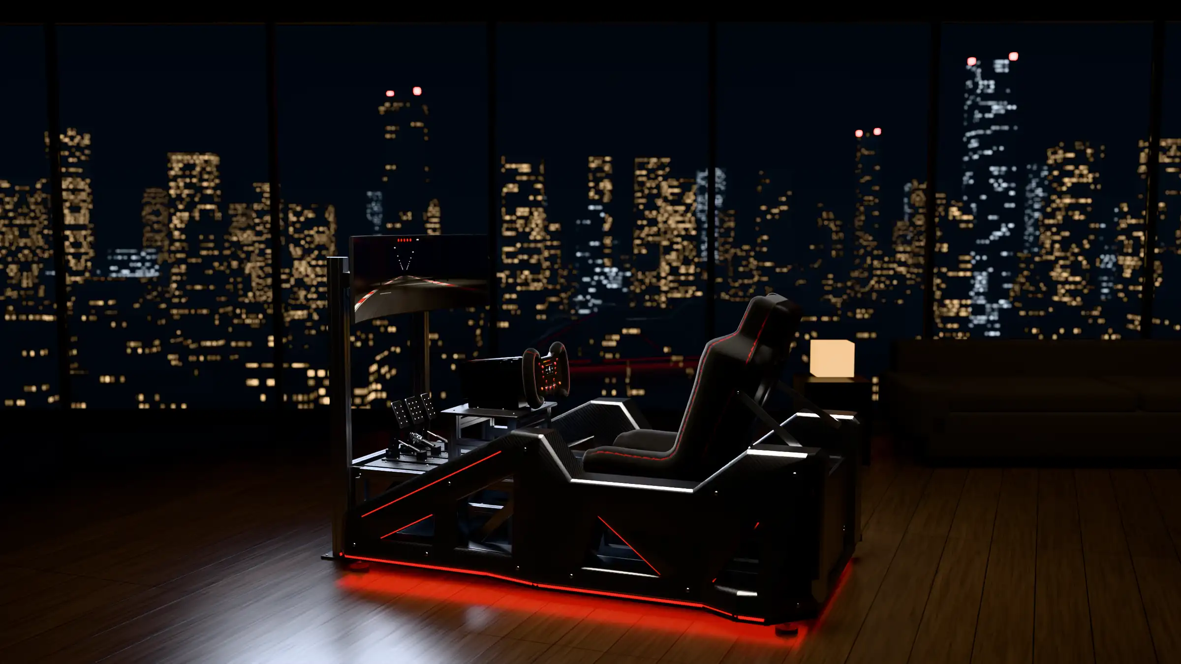 The AH-01 in a penthouse at night: red light from its chassis on a timber floor, the city lit beyond floor-to-ceiling windows