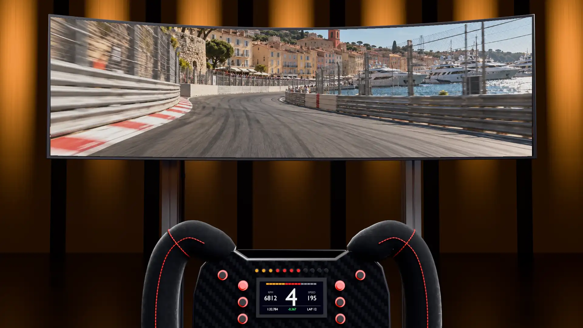 The driver's view: the wheel, and on the curved display a sunlit harbour street circuit, barriers, yachts and a bell tower, rushing past
