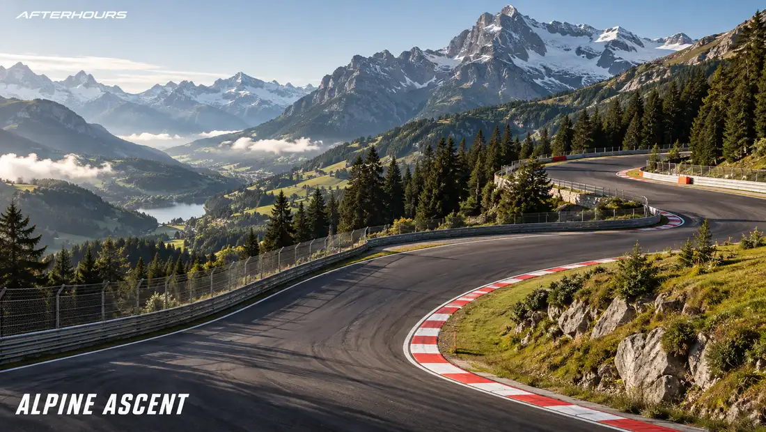 Alpine Ascent: the circuit winds up a mountainside between pines, snow-capped peaks and a lake below, in morning light