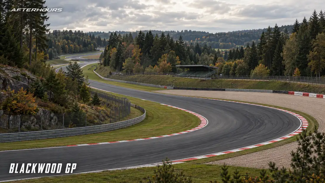 Blackwood GP: the circuit sweeps through a pine forest under an overcast sky, a grandstand among the trees