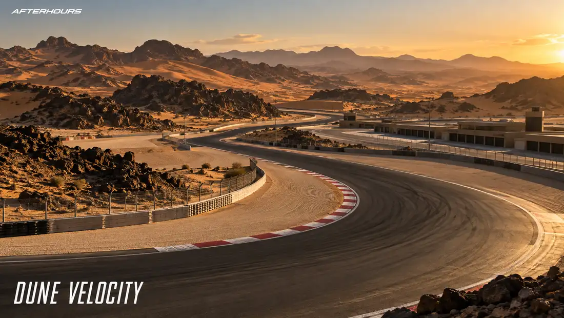 Dune Velocity: the circuit curves through red desert rock at sunset, a pit building on the far side