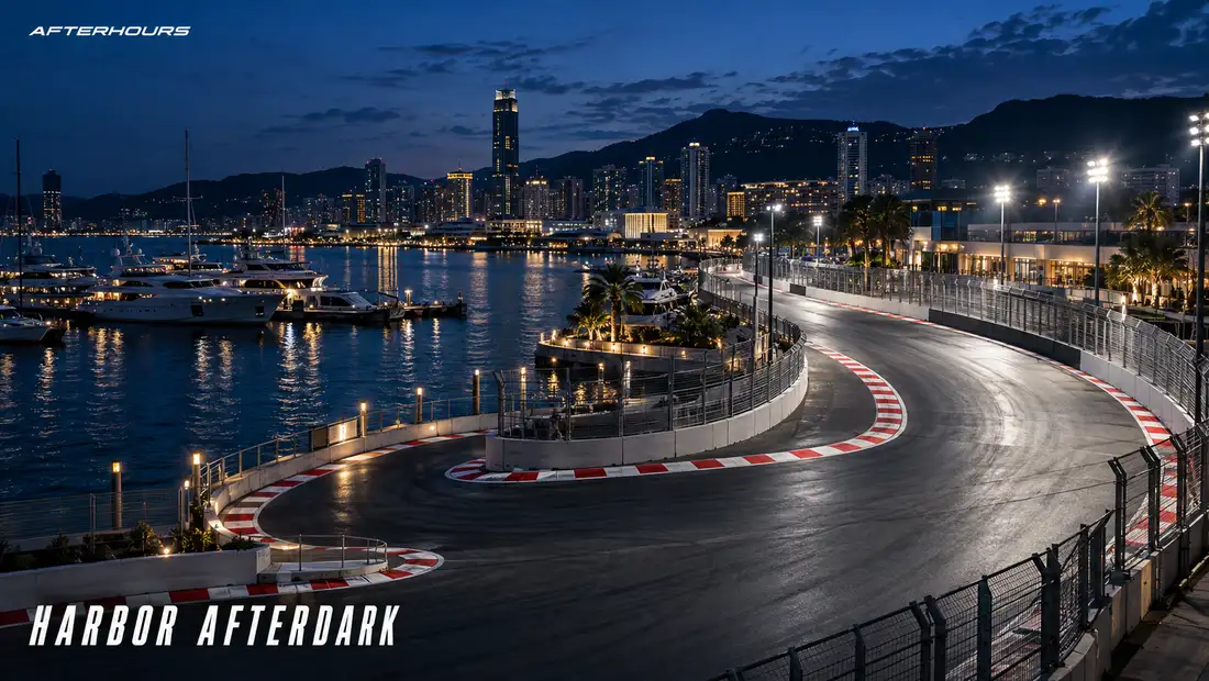Harbor Afterdark: a street circuit along a harbour at night, yachts, floodlights and city towers behind