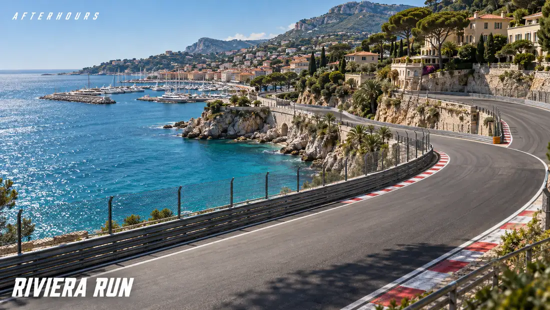 Riviera Run: the circuit runs along a cliff above a turquoise sea, a harbour and a hillside town beyond