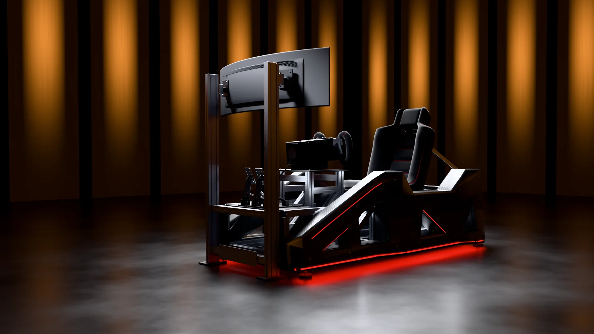 The AH-01 from the front three-quarter in a dark showroom: the curved display on its aluminium posts, the pedal tray, the carbon chassis and the Alcantara seat, with red light along the floor