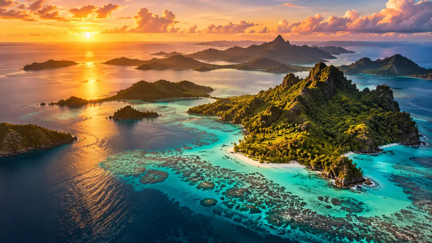 Fiji at sunset from the air: a forested island ringed by white sand and turquoise reef, more islands toward the setting sun