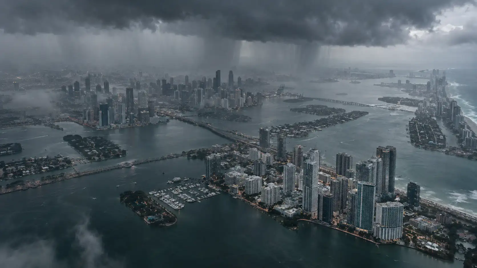Miami from the air under a heavy storm: rain falling on Biscayne Bay, the causeways and the towers