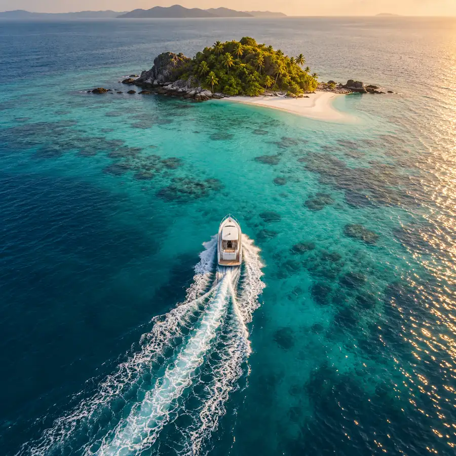 From above: a white motor launch crossing turquoise shallows toward a tiny palm-covered islet