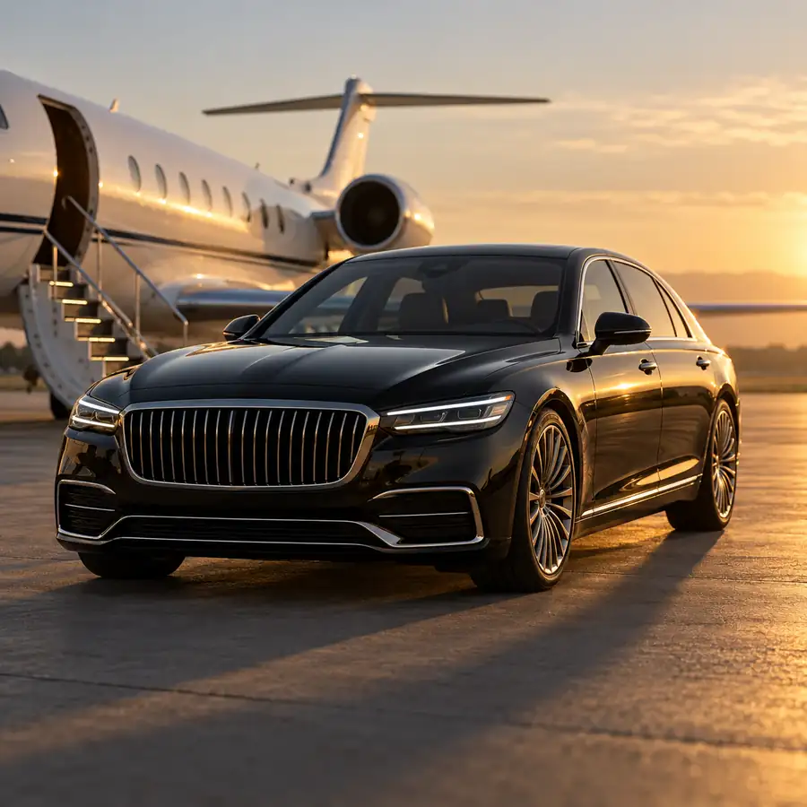 A black saloon car waiting on the tarmac beside a private jet's airstair at sunset