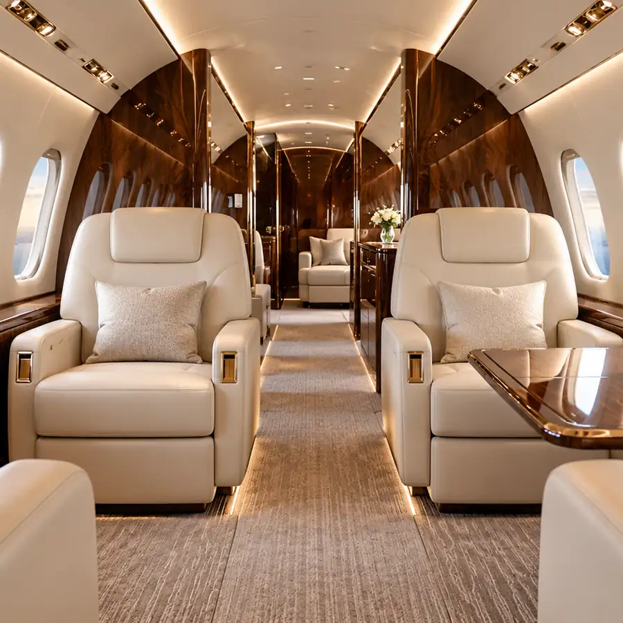 The cabin: cream leather seats, walnut panels and the aisle, with the coast below the windows
