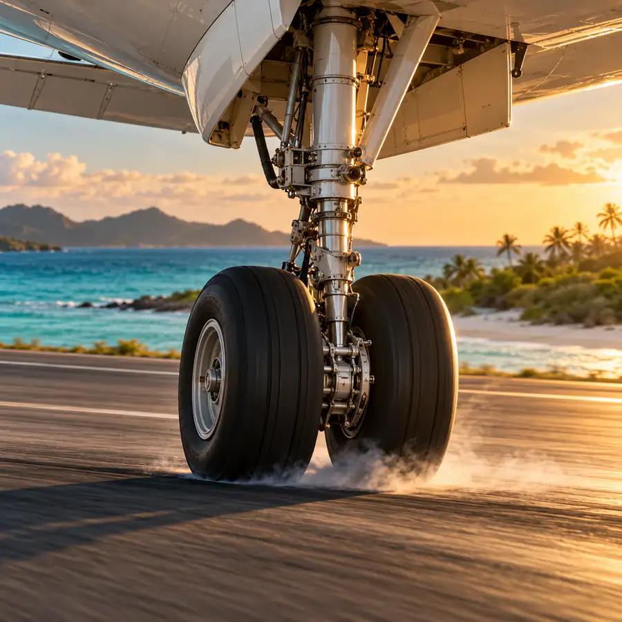 A jet's landing gear touching down on an island runway, tyre smoke rising, the sea behind