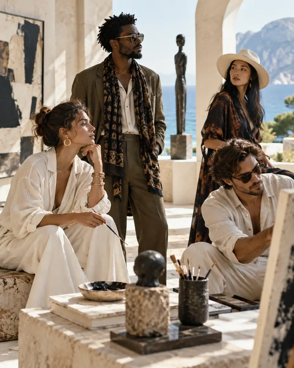 Four artists in a sunlit stone studio by the sea, one painting at an easel