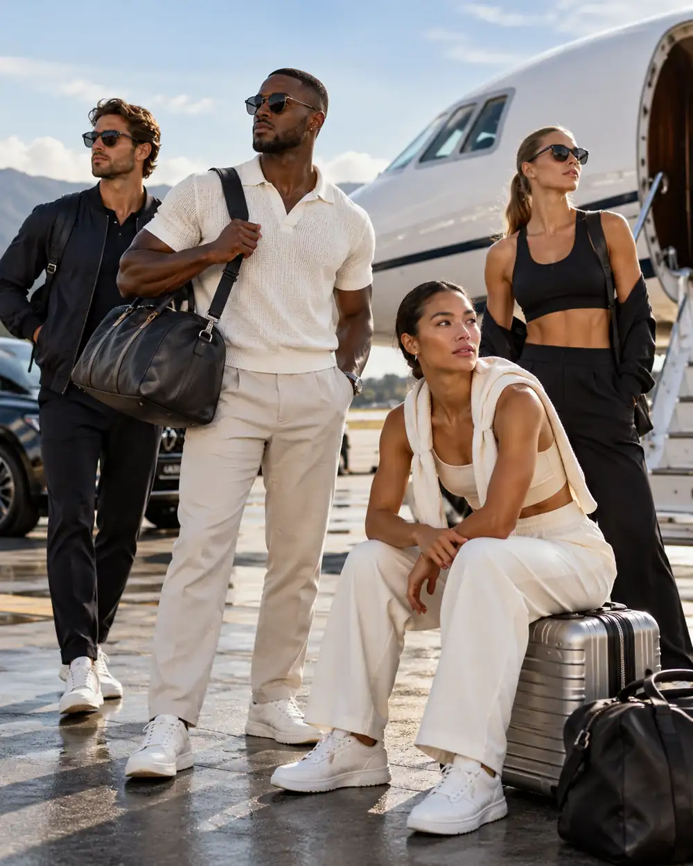 Four athletes in sportswear waiting beside a jet on the tarmac, one sitting on a suitcase