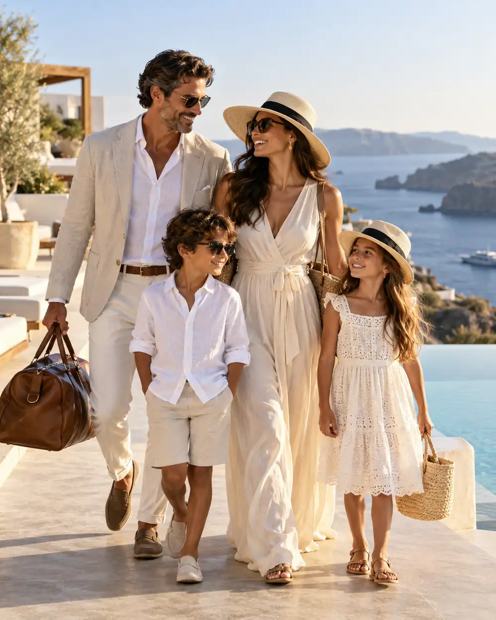 A smiling family of four walking along a terrace above the sea, carrying their bags
