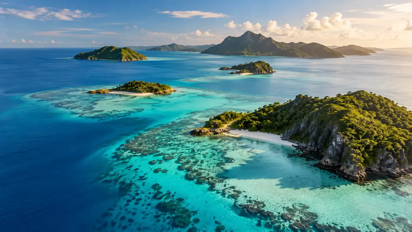 Fiji from the air: a white-sand beach under a forested cliff, coral reef in turquoise water and islands to the horizon