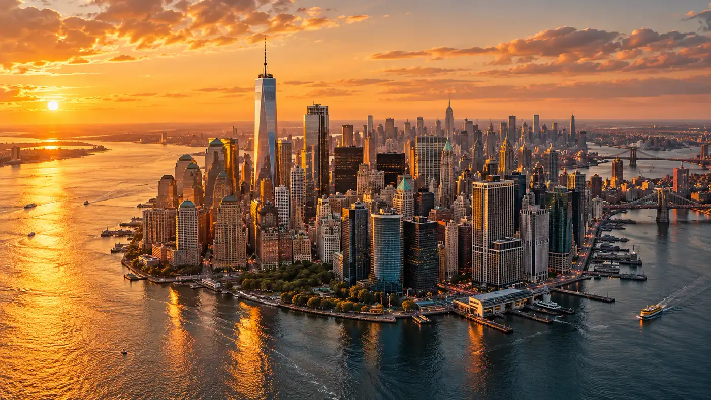 Lower Manhattan and One World Trade Center at sunset, seen from above the harbour