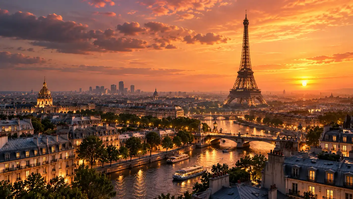 Paris at sunset: the Eiffel Tower above the Seine, its bridges and river boats lit in gold