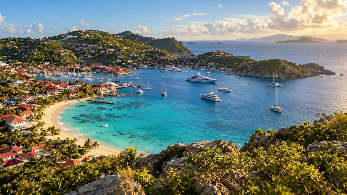 Gustavia's turquoise bay on St. Barths, with yachts at anchor and red-roofed houses on green hills